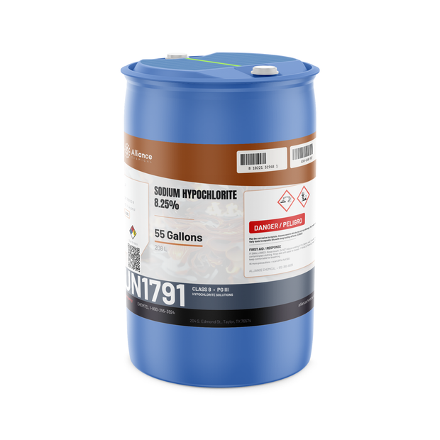 Sodium Hypochlorite 8.25% Technical Grade in a 55-gallon blue drum, Alliance Chemical