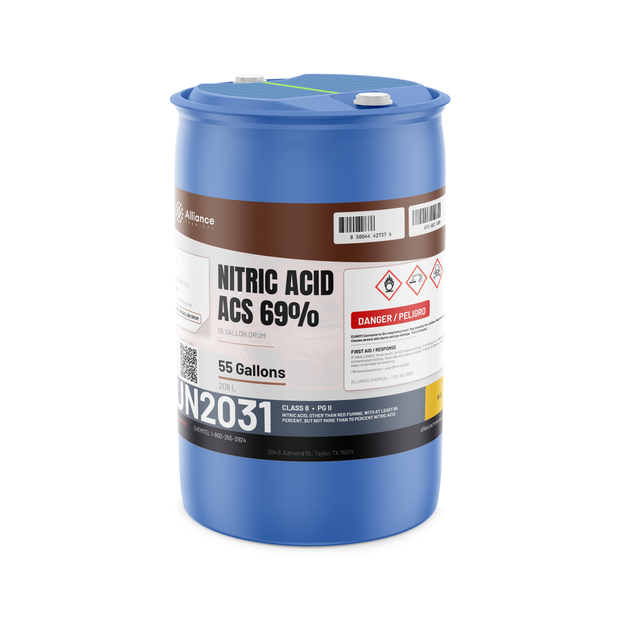Nitric Acid 69% ACS grade in a blue plastic 55-gallon drum for metal passivation, Alliance Chemical