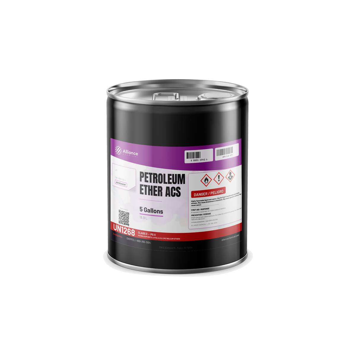 Petroleum Ether ACS Reagent Grade in a 5-gallon metal pail from Alliance Chemical