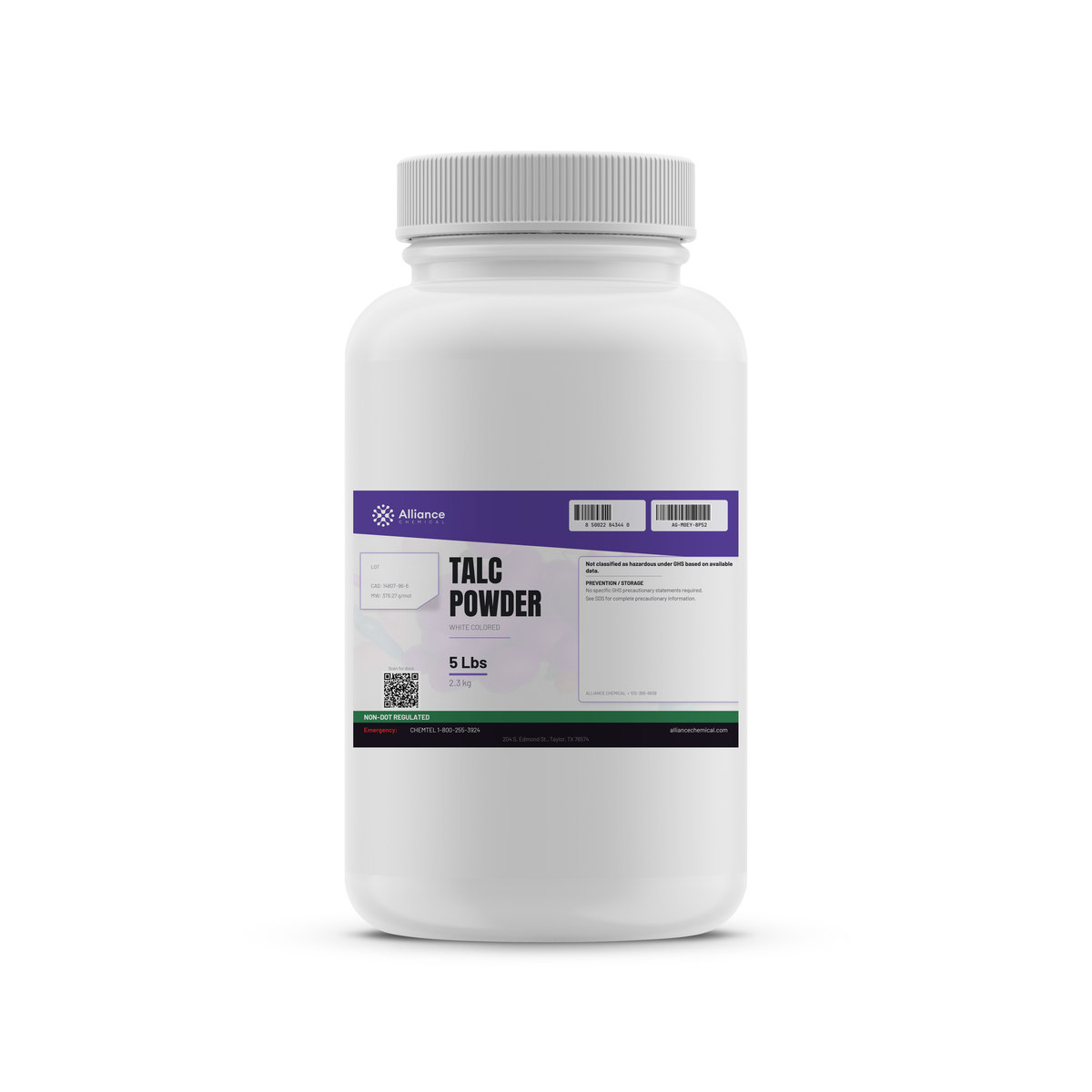 Talc Powder Technical Grade in a 5-lb white plastic bottle from Alliance Chemical for mineral filler and mold-release use