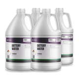 Technical Grade Deionized Battery Water in four 1-gallon plastic jugs, Alliance Chemical for topping off lead-acid batteries