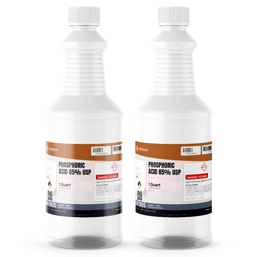 Phosphoric Acid 85% USP Food Grade in two 1-quart white plastic bottles from Alliance Chemical