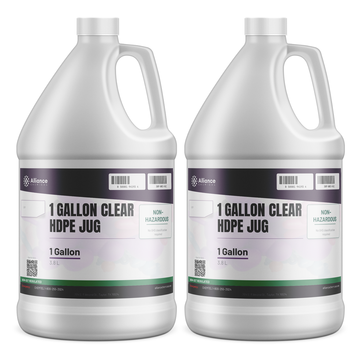 Two 1-gallon clear HDPE plastic jugs with integrated handles and screw caps from Alliance Chemical
