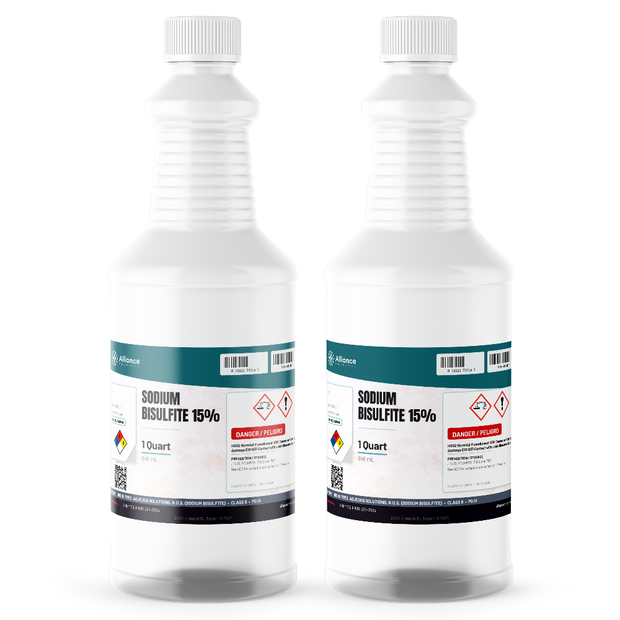 Sodium Bisulfite 15% Technical Grade liquid in two 1-quart white plastic bottles, Alliance Chemical