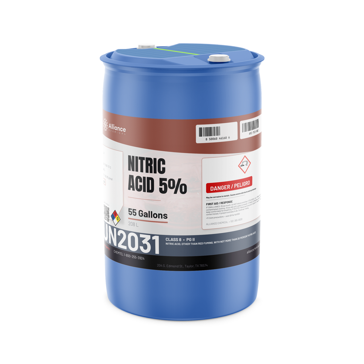 Nitric acid 5% technical grade in a 55-gallon poly drum for metal pickling and stainless steel passivation, Alliance Chemical
