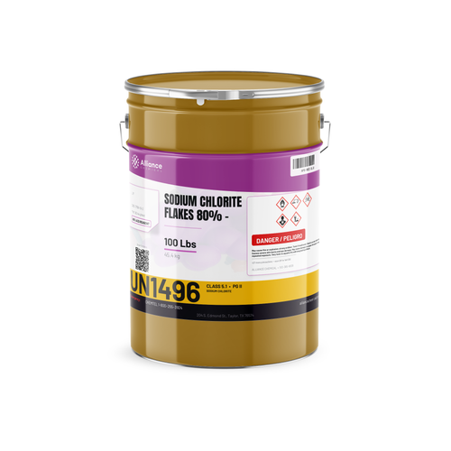 Sodium Chlorite Flakes 80% ACS Reagent Grade in a 100-lb metal drum, Alliance Chemical