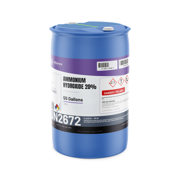 Ammonium Hydroxide 20% Technical Grade in a blue 55-gallon drum from Alliance Chemical