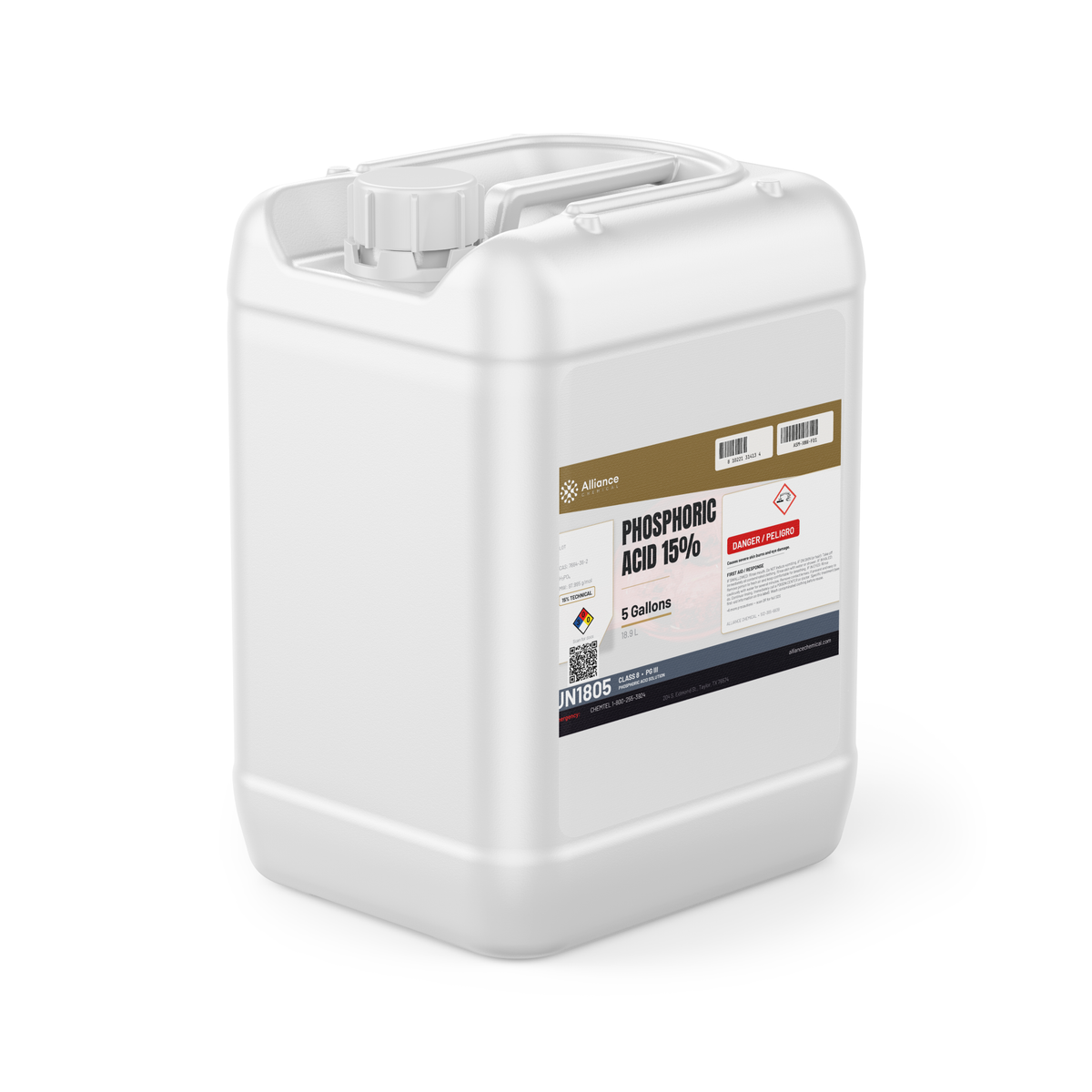 Phosphoric Acid 15% Technical Grade 5-gallon white plastic jerry can, Alliance Chemical
