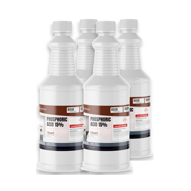 Phosphoric Acid 15% Food Grade in four 1-quart plastic bottles, Alliance Chemical