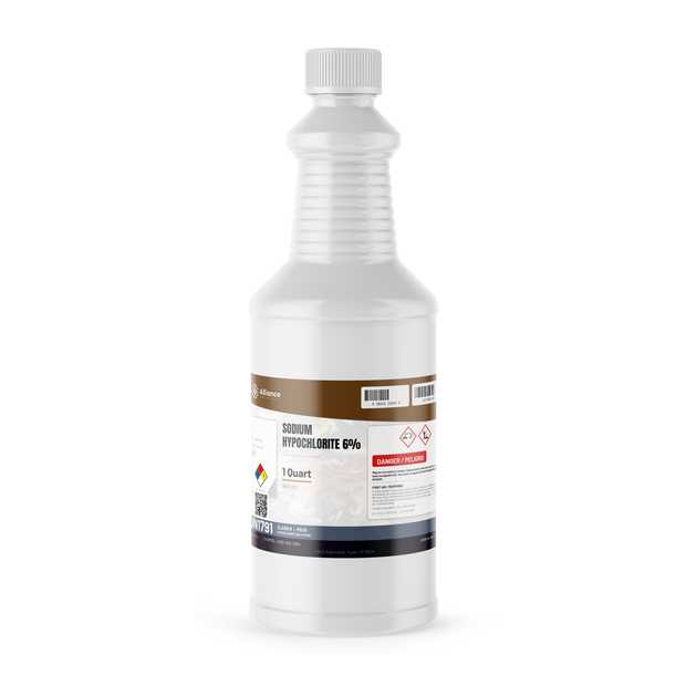 Sodium Hypochlorite 6% Technical Grade in a 1-quart white plastic bottle, Alliance Chemical
