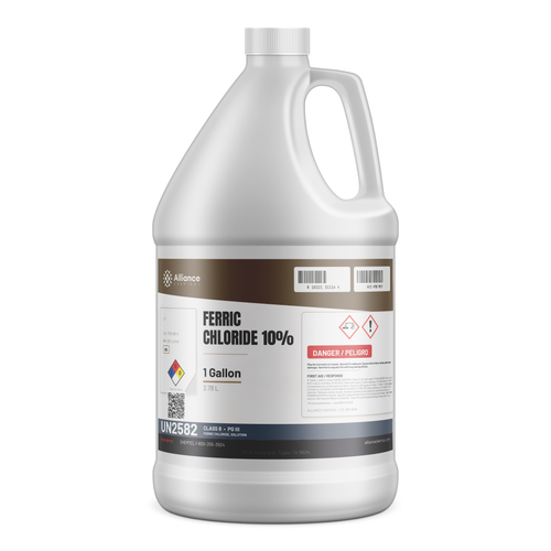 Ferric Chloride 10% Water Treatment Grade liquid in a 1-gallon plastic jug by Alliance Chemical