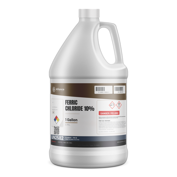 Ferric Chloride 10% Technical Grade liquid in a 1-gallon white plastic jug by Alliance Chemical