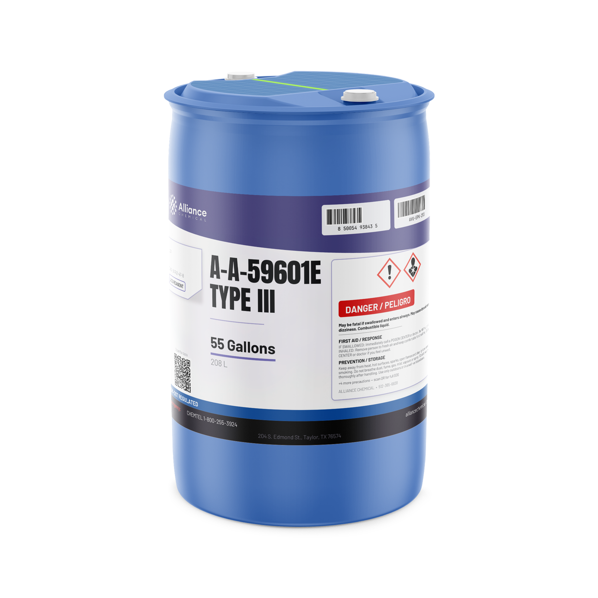 A-A-59601E Type III ACS reagent grade solvent in a 55-gallon blue poly drum, Alliance Chemical