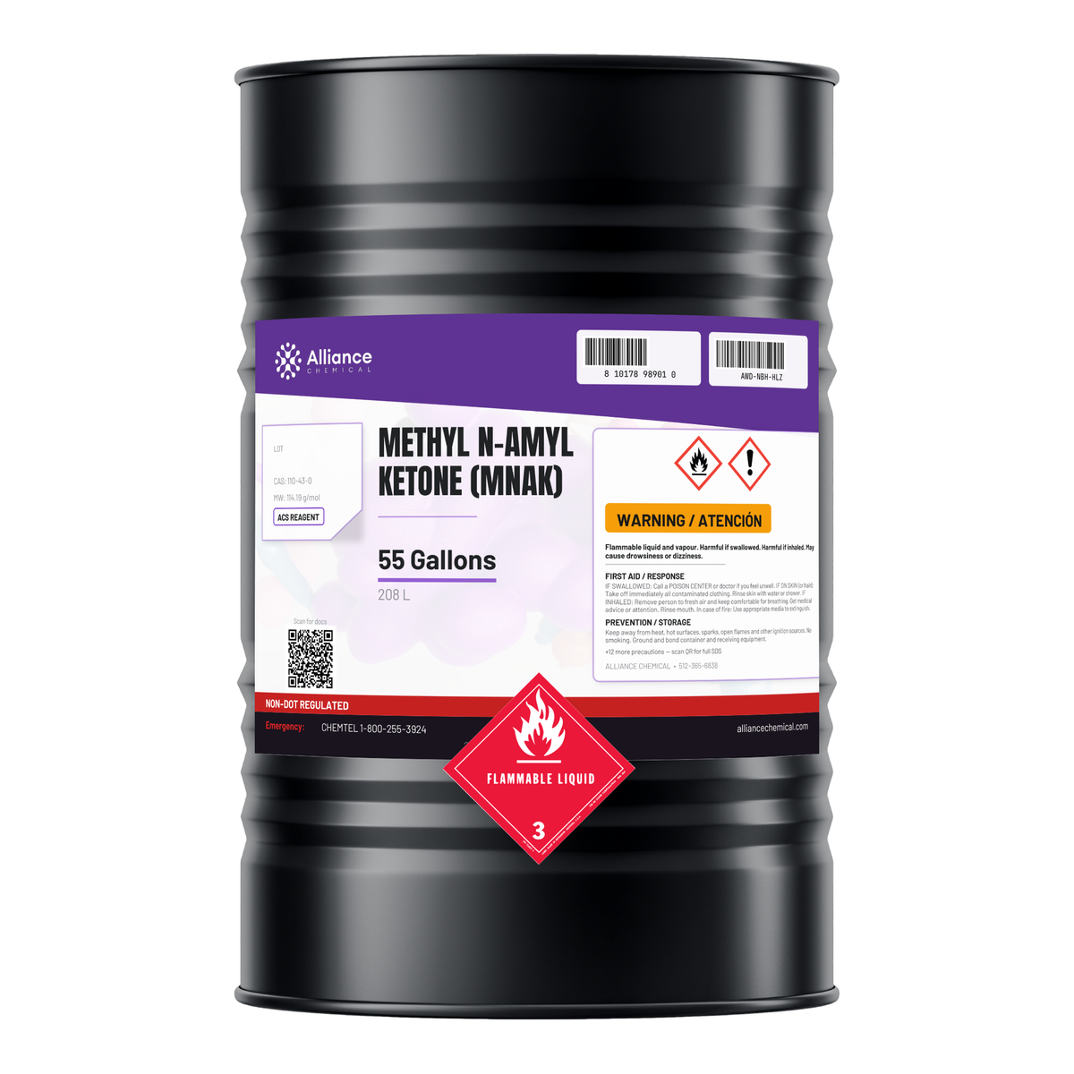 Methyl n-amyl ketone ACS reagent grade in a 55-gallon drum by Alliance Chemical for coating formulation and chemical synthesis