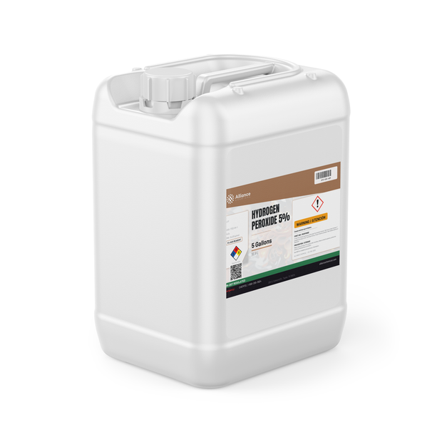 Hydrogen Peroxide 5% ACS Grade in a 5-gallon white plastic jerry can, Alliance Chemical