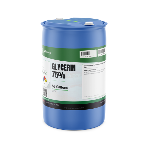 Glycerin 75% Food Grade in a 55-gallon blue plastic drum, Alliance Chemical for food and beverage manufacturing