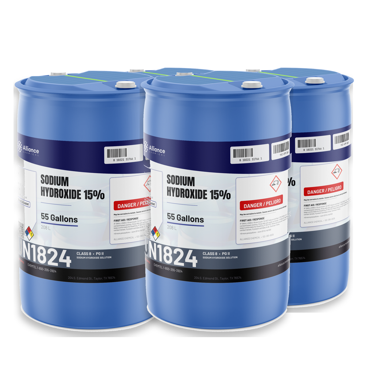 Sodium Hydroxide 15% ACS Grade liquid in four blue 55-gallon drums from Alliance Chemical