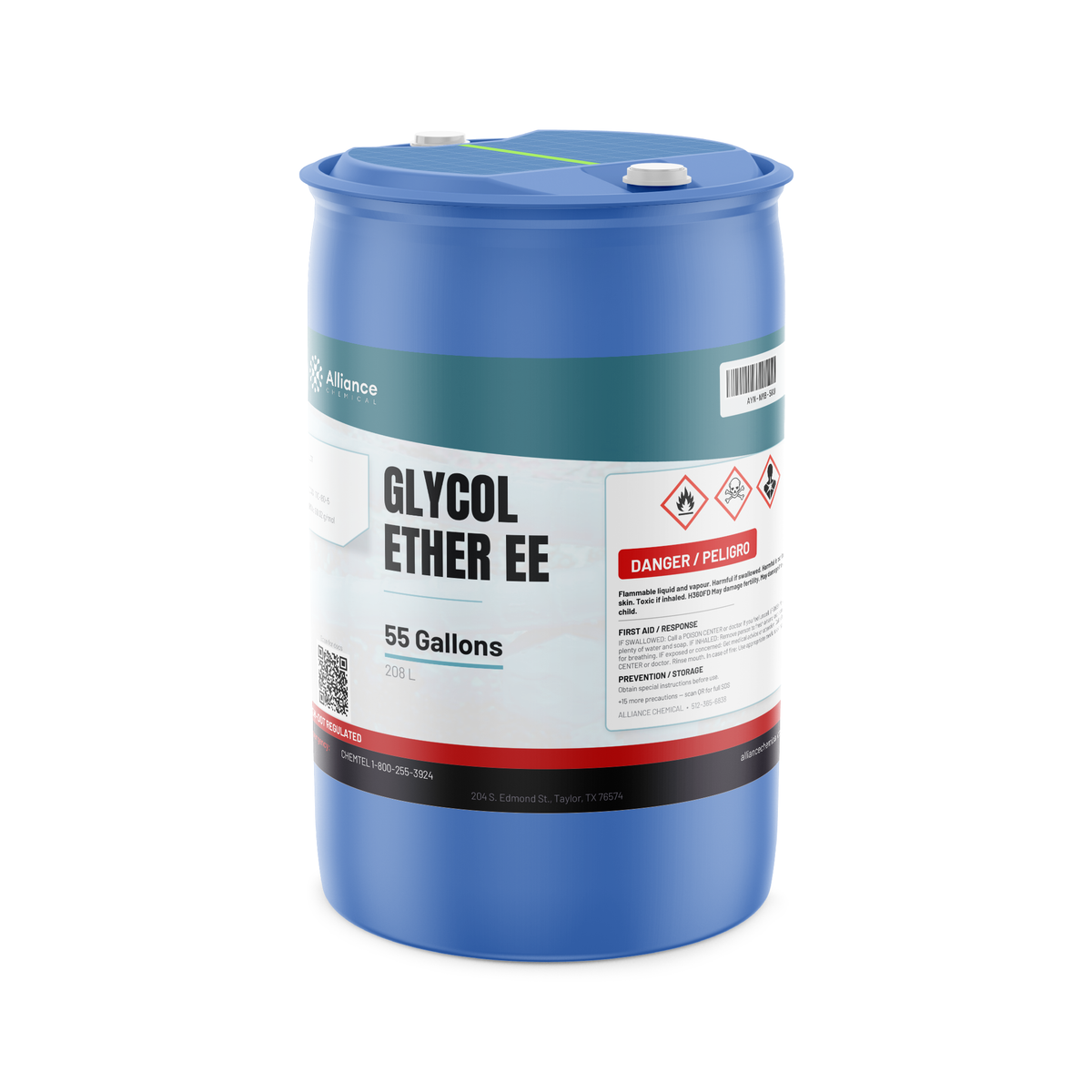 Glycol Ether EE Technical Grade in a 55-gallon blue plastic drum from Alliance Chemical for surface coatings and degreasing