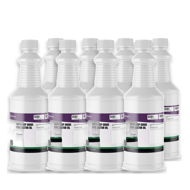 100% USP Grade Pure Castor Oil in eight 1-quart white plastic bottles for cosmetic formulations, Alliance Chemical