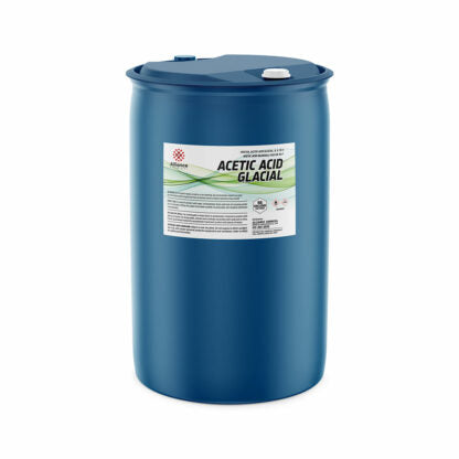 55-gallon blue HDPE drum of glacial acetic acid technical grade with industrial chemical label and secure lid closure system.