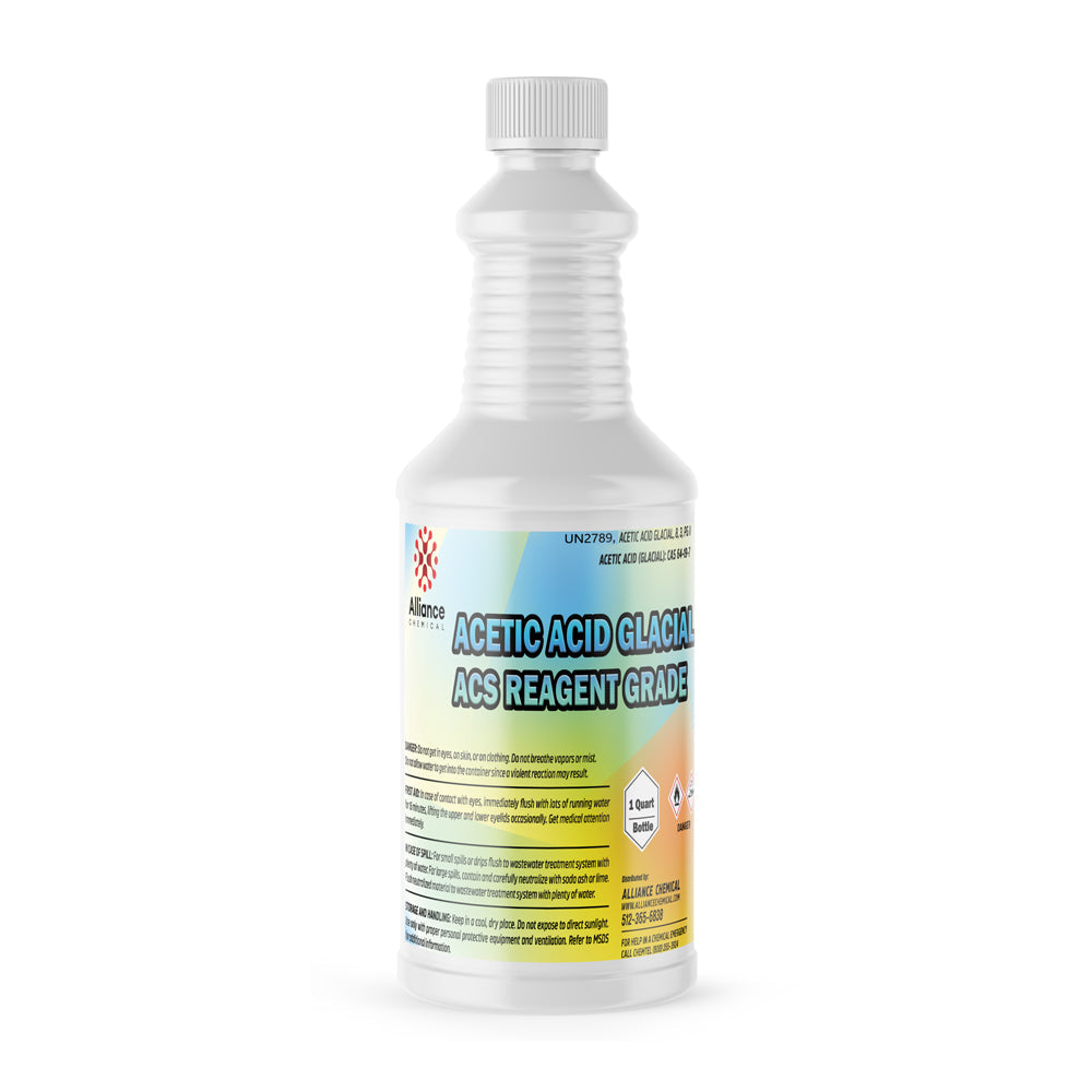 Alliance Chemical 1-quart plastic bottle of Acetic Acid Glacial ACS Grade with a ribbed neck and a white screw cap.