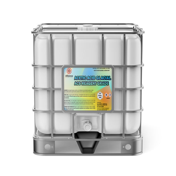275-gallon IBC tote of Acetic Acid Glacial ACS Reagent Grade with corrosive/flammable warning symbols, metal cage frame