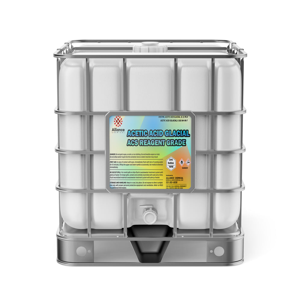 275-gallon IBC tote of Acetic Acid Glacial ACS Reagent Grade with metal cage frame, hazard warning labels, and bottom discharge valve.