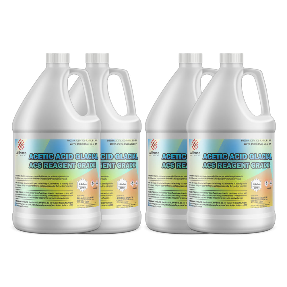 4x1-gallon HDPE bottles of Acetic Acid Glacial ACS Reagent Grade, 99% purity, with safety warnings and Alliance Chemical branding in blue labels.