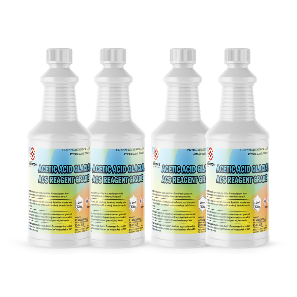 4-quart reagent-grade glacial acetic acid (99% ACS) in white HDPE bottles with UN2789 hazard labels and safety-sealed caps.