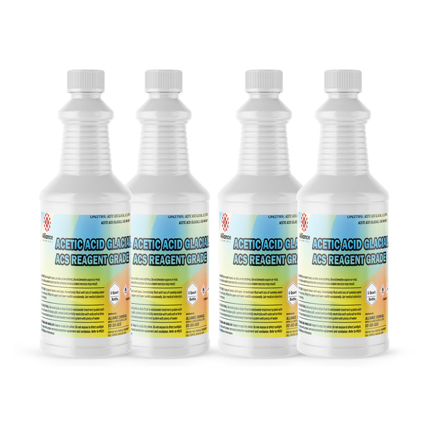 Four 1-quart bottles of Alliance Chemical Acetic Acid Glacial ACS Grade with white caps and product labels.