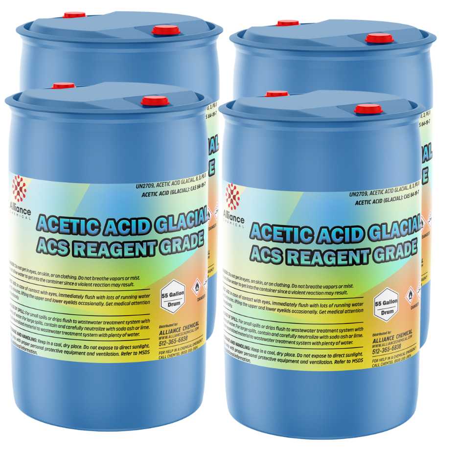4x55-gallon HDPE drums of Acetic Acid Glacial 99% ACS Reagent Grade hazard warnings, and Alliance Chemical labeling