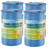 Four 55-gallon blue plastic drums of Alliance Chemical Acetic Acid Glacial ACS Grade with red caps and safety label.
