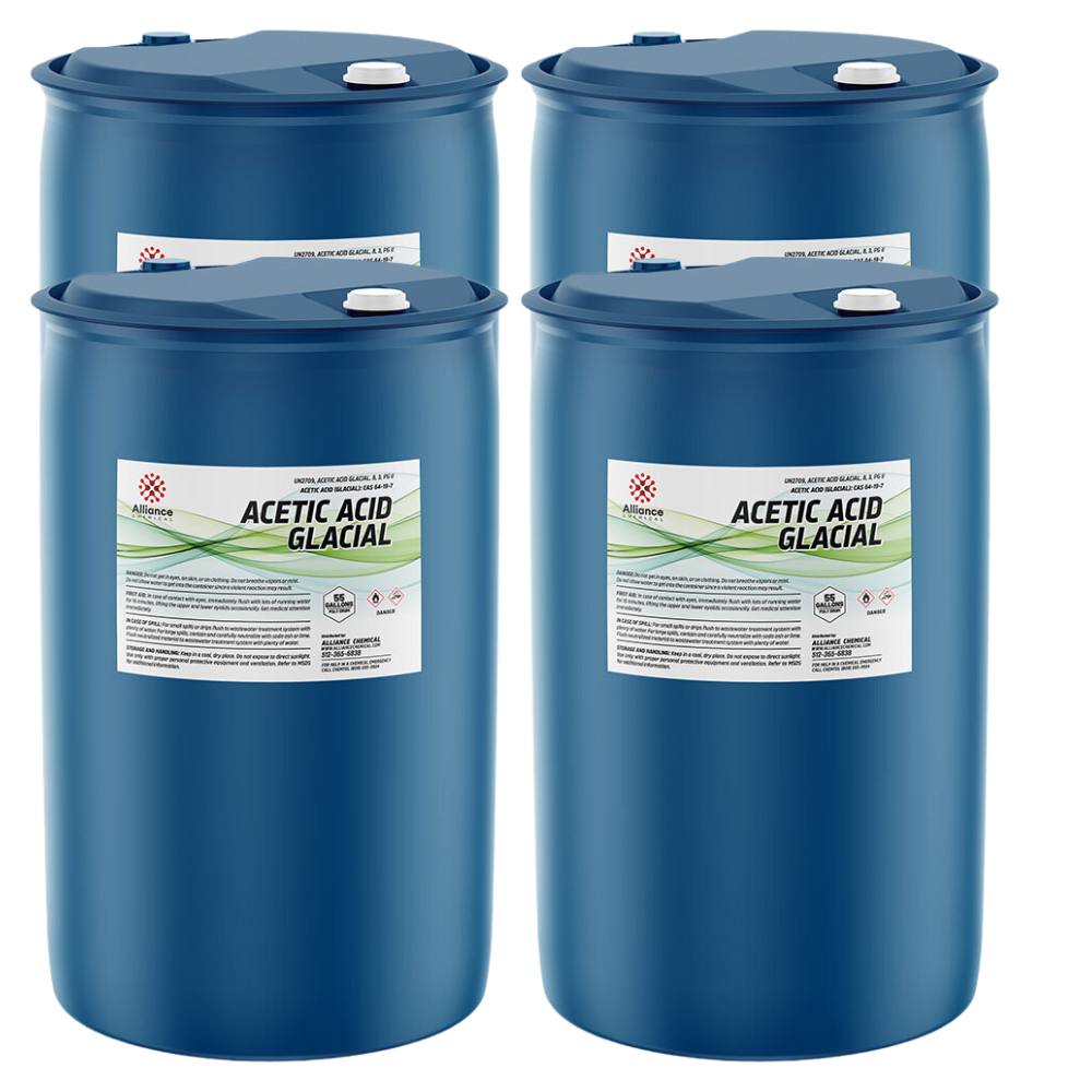 4x55L blue HDPE drums of Glacial Acetic Acid technical grade with hazard warning labels, screw-top lids, and Alliance Chemical branding.