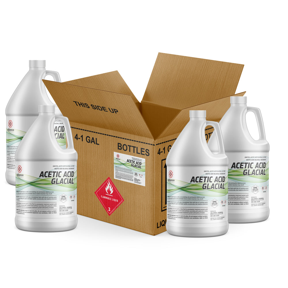 Four 1-gallon HDPE jugs of Alliance Chemical Acetic Acid Glacial Technical with white screw caps and product labels.