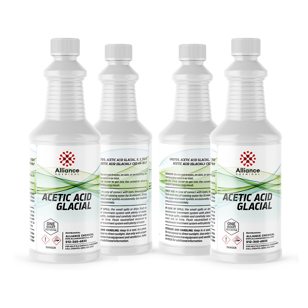 1-quart bottles of glacial acetic acid (technical grade) in ribbed HDPE containers with GHS danger symbols, Alliance Chemical branding.