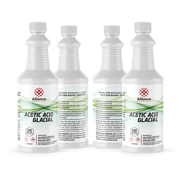 1-quart bottles of glacial acetic acid (technical grade) in ribbed HDPE containers with GHS danger symbols, Alliance