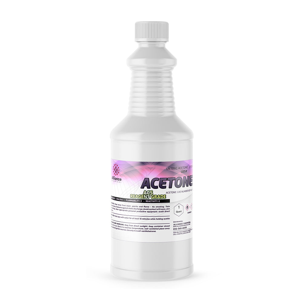 1-quart HDPE bottle of ACS reagent-grade acetone with white ribbed cap, flammable warning symbol, and pink-gradient label design.