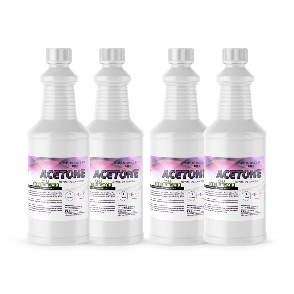 1-quart plastic bottles of ACS Reagent Grade Acetone, UN1090, with flammable liquid warning symbols and white ribbed safety caps, 4-pack.