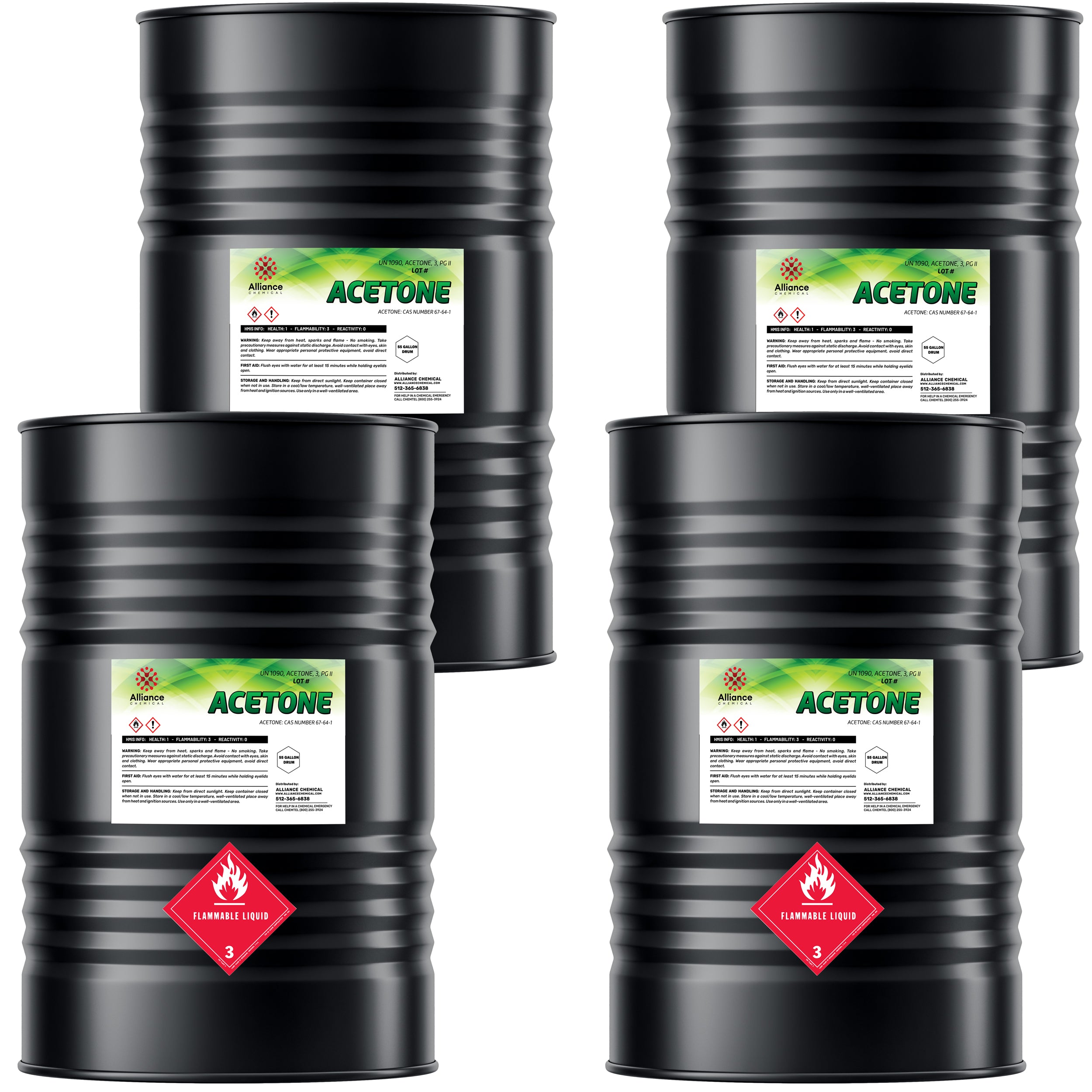 4x55 gallon black steel drums of technical-grade acetone with Alliance Chemical labels, Class 3 flammable liquid placards, and industrial hazard symbols.