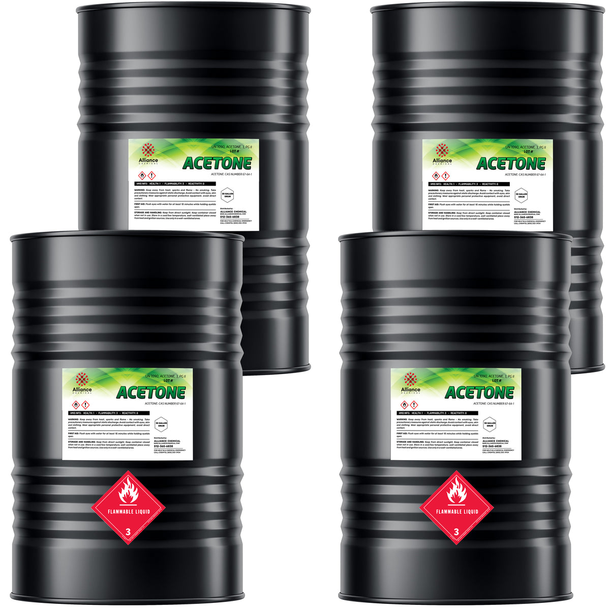 4x55 gallon black steel drums of technical-grade acetone with Alliance Chemical labels, and industrial