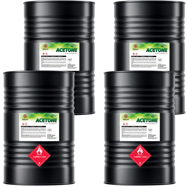 4x55 gallon black steel drums of technical-grade acetone with Alliance Chemical labels, and industrial