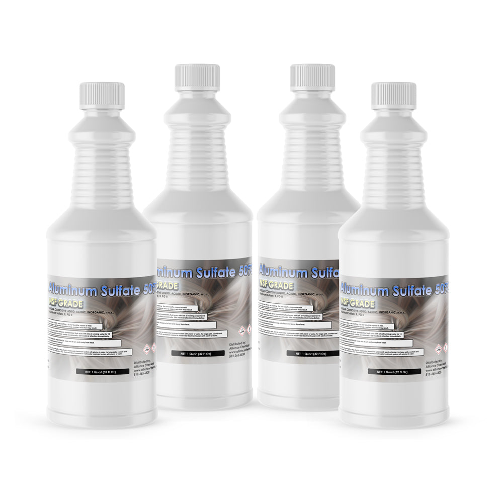 32 fl oz bottles of Aluminum Sulfate 50% USP-grade solution in white HDPE containers with ribbed design and safety warning labels, 4-pack.