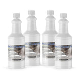 Four 1-quart plastic bottles of Alliance Chemical Aluminum Sulfate 50% with white screw caps and product labels.