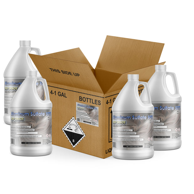Four 1-gallon HDPE jugs of Alliance Chemical Aluminum Sulfate 50% with handles, plus a cardboard box labeled "Bottles".