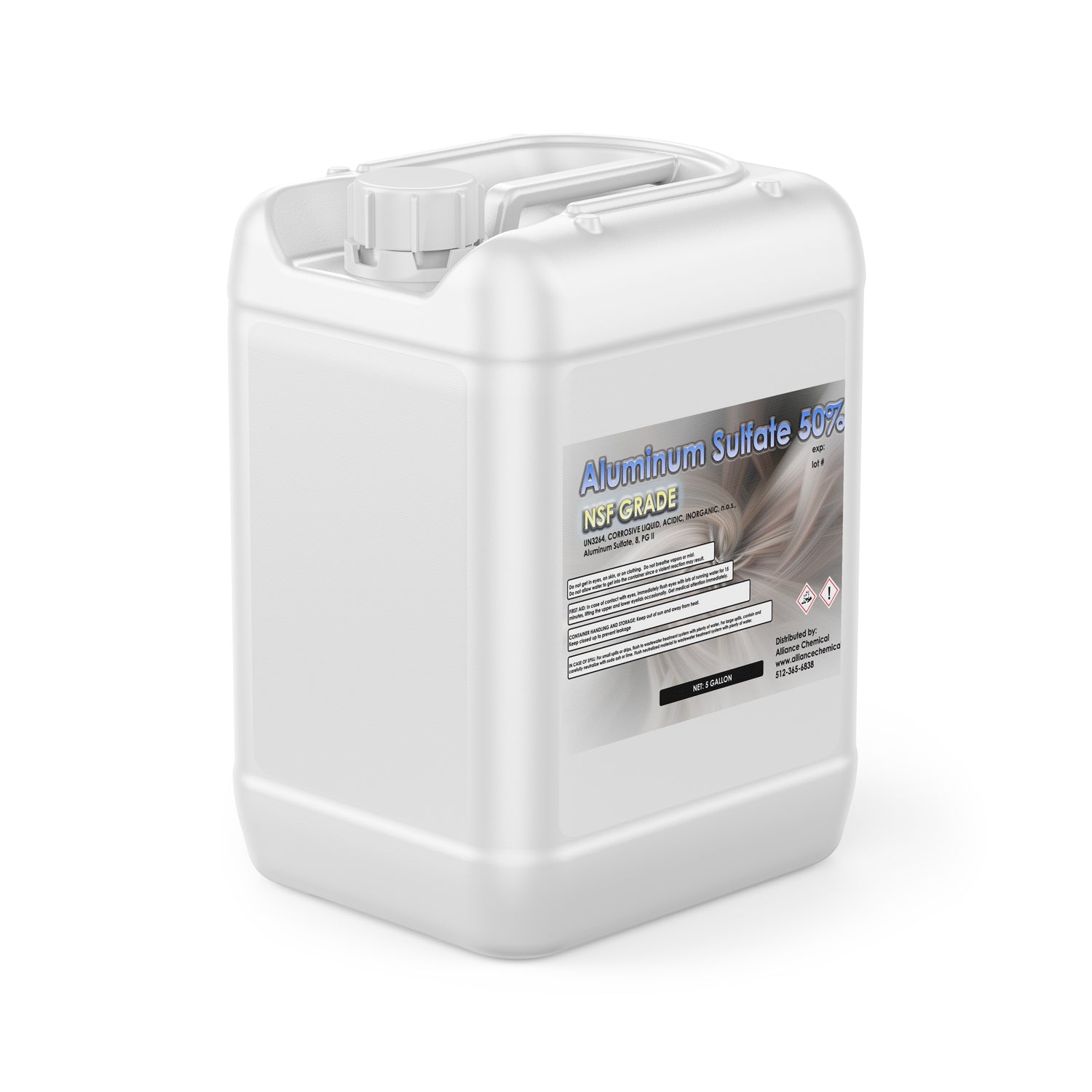 5-gallon white HDPE container of NSF-grade Aluminum Sulfate 50% solution with hazard warning symbols, industrial chemical labeling and secure cap.