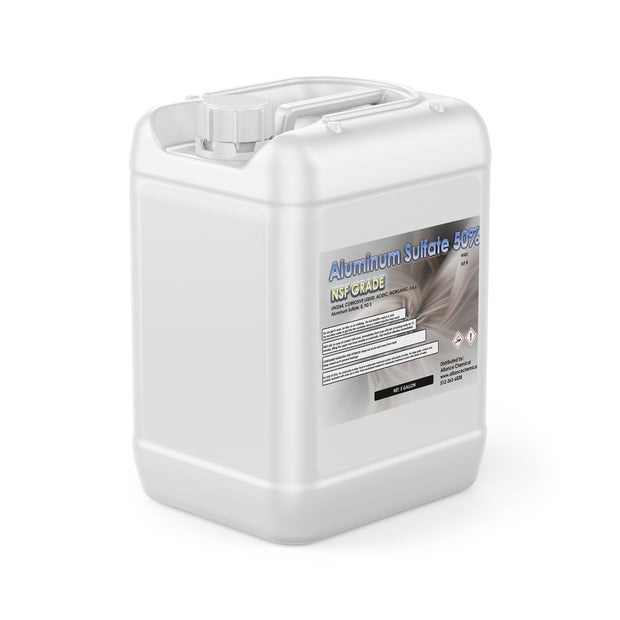One 5-gallon HDPE jug of Alliance Chemical Aluminum Sulfate 50% with a white screw cap, integrated handle, and product label.