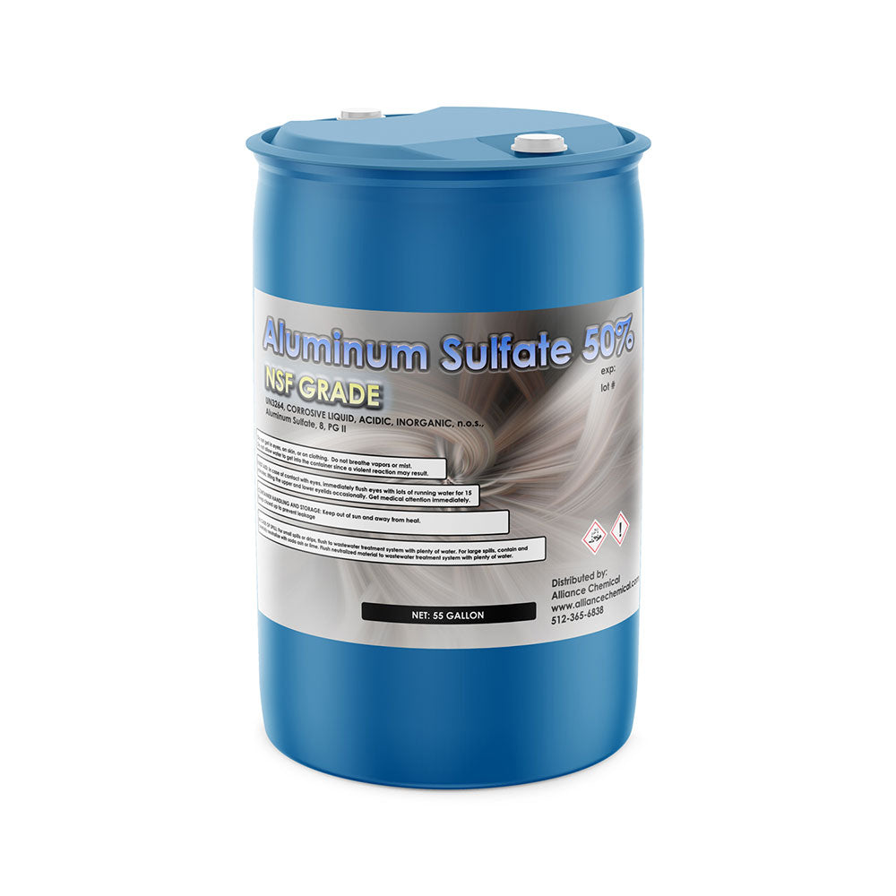 55-gallon blue HDPE drum of NSF-grade Aluminum Sulfate 50% solution with corrosive/acidic warning symbols, safety labeling, and dual-port lid.