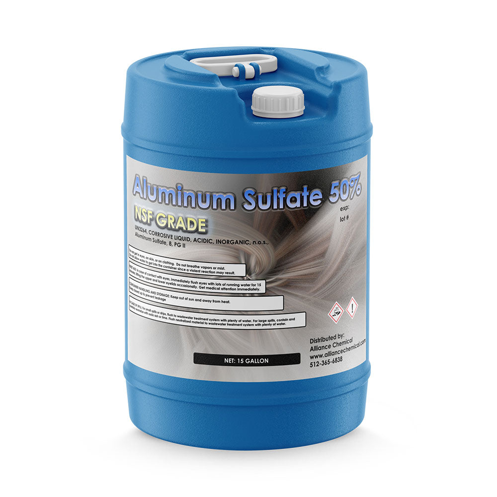 15-gallon NSF-grade Aluminum Sulfate 50% solution in blue HDPE carboy with corrosive warning symbols, white cap, and safety information label.