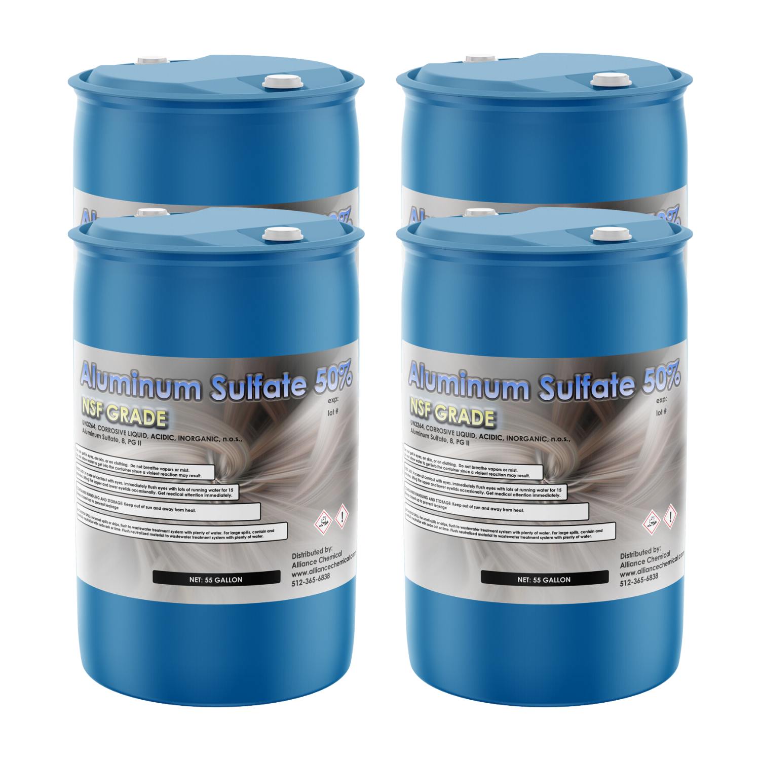 55-gallon blue drums of NSF-grade Aluminum Sulfate 50% solution, corrosive liquid with hazard warning symbols, industrial chemical storage containers.