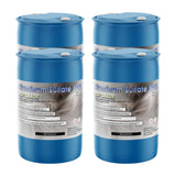 Two 55-gallon blue HDPE drums of Alliance Chemical Aluminum Sulfate 50% with white caps and product labels.